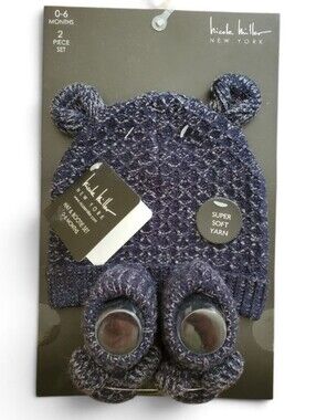 Nicole Miller Navy & White Marled Knit Baby Hat and Booties Set 0-6 Months